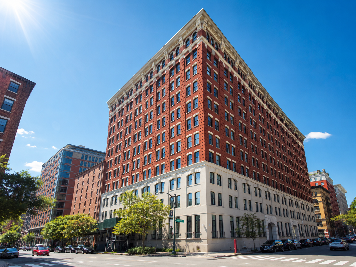 Exterior and loft residence at 250 West Street, a pre-war condominium on the Tribeca 