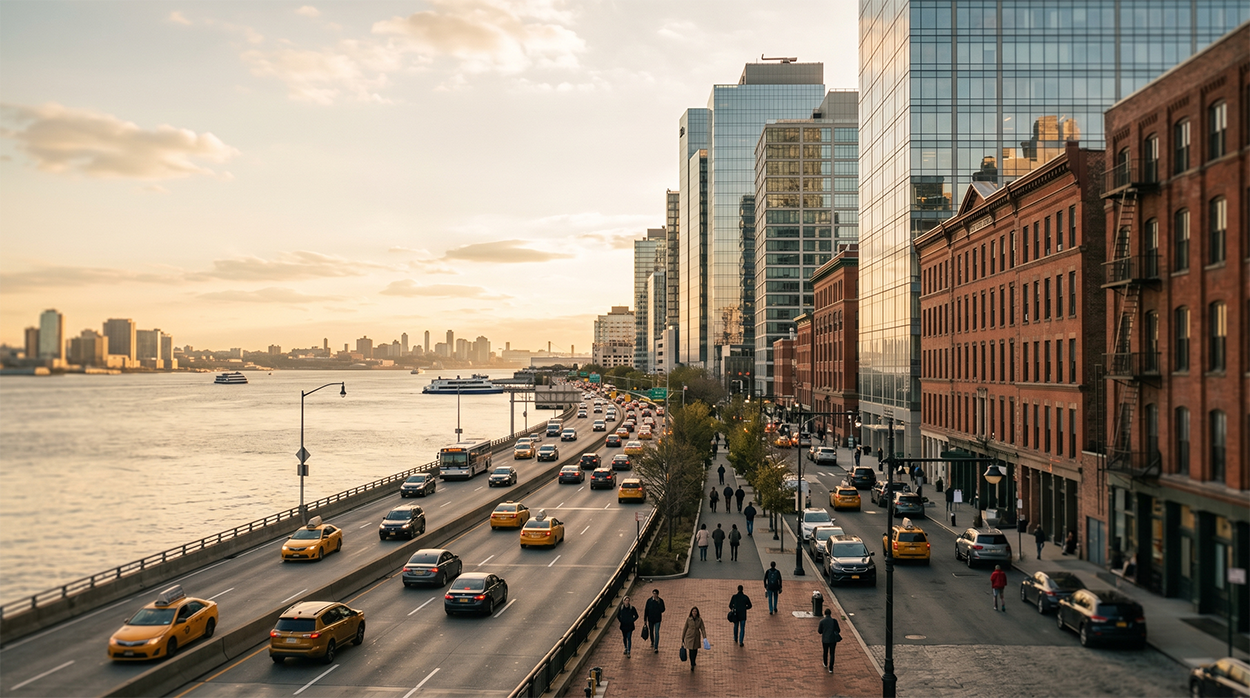 a view of the West Side Hwy at sunset