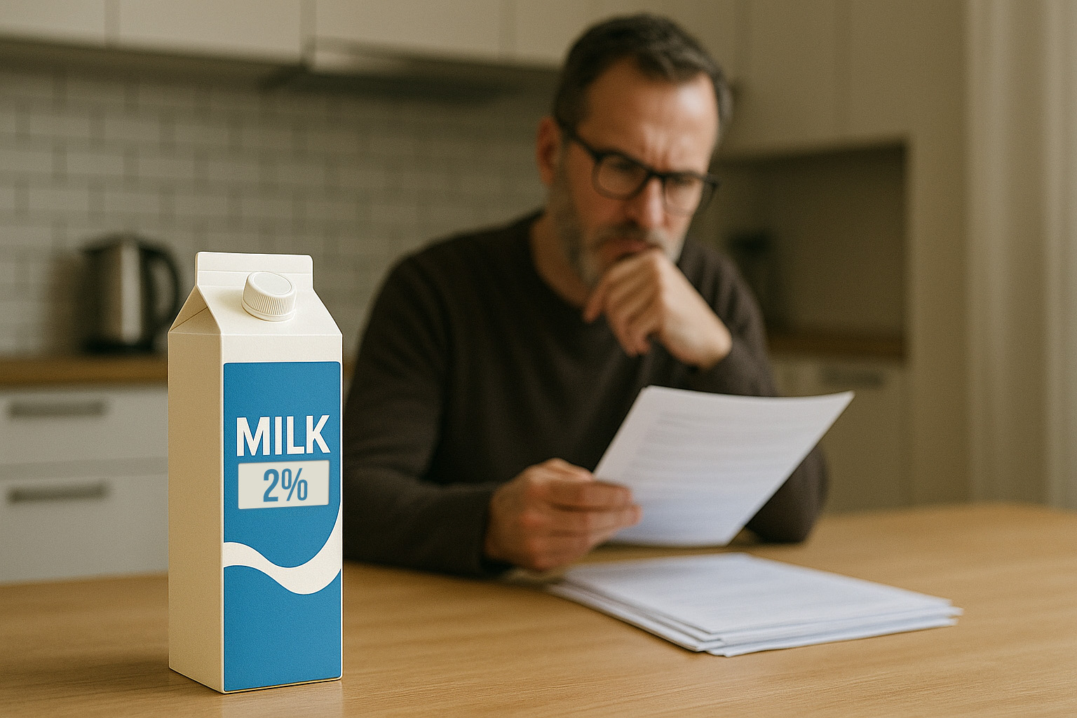Carton of milk sitting on table while gentleman considers mortgage paperwork