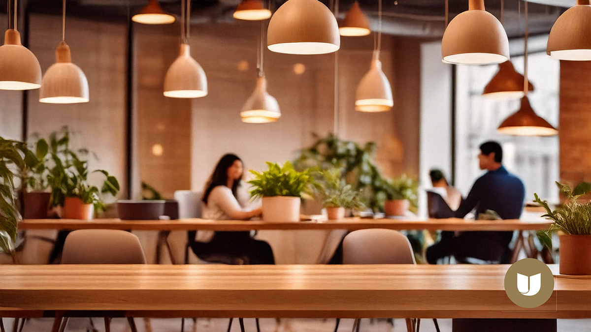 Co-work space with warm light and people working in background