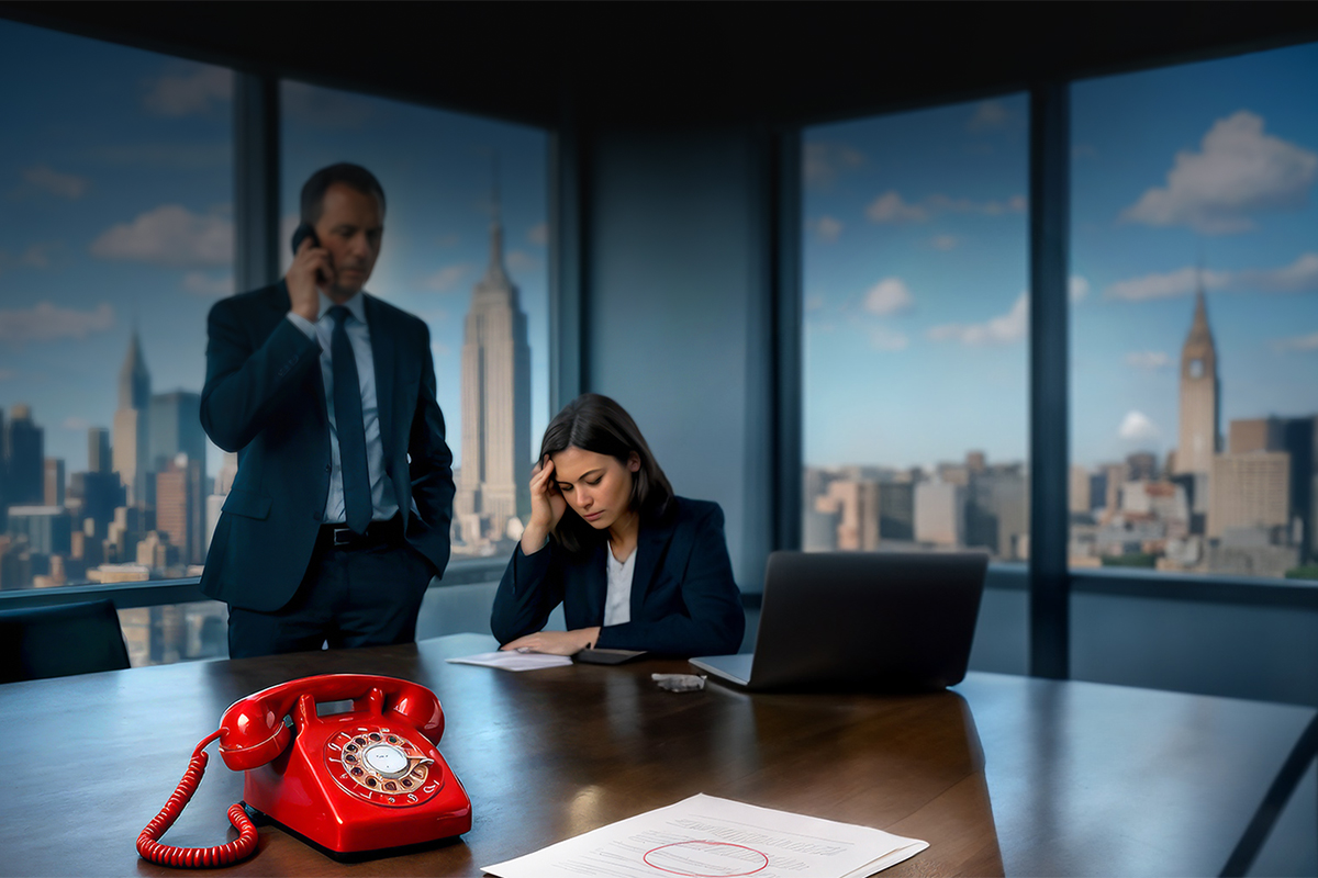 Two people stressed over a desk with NYC background and red telephone in foreground