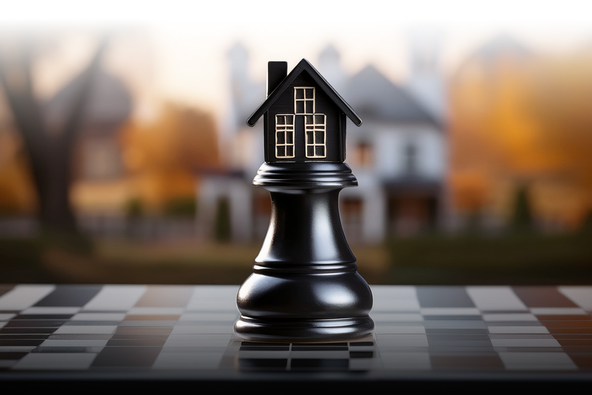 Chess piece with house sitting on chessboard