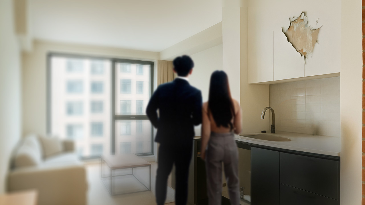 Young couple touring an apartment that has red flags