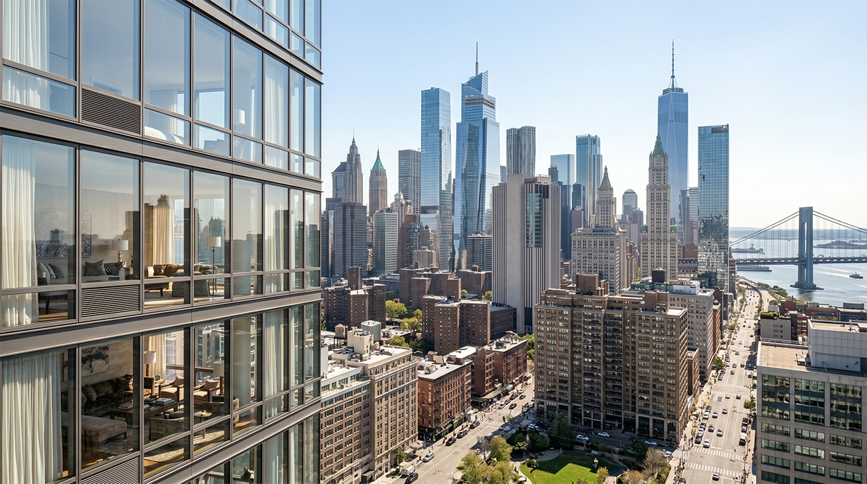 Condo tower in foreground with downtown Manhattan in background