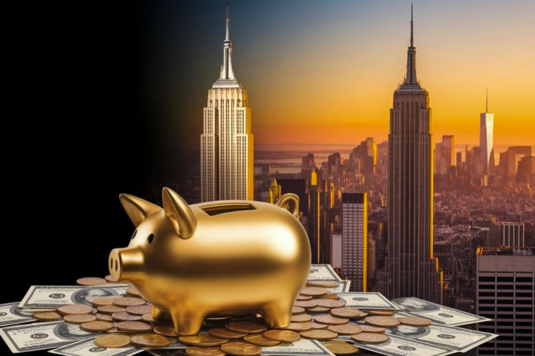 Gold piggy bank standing on money with NYC in background