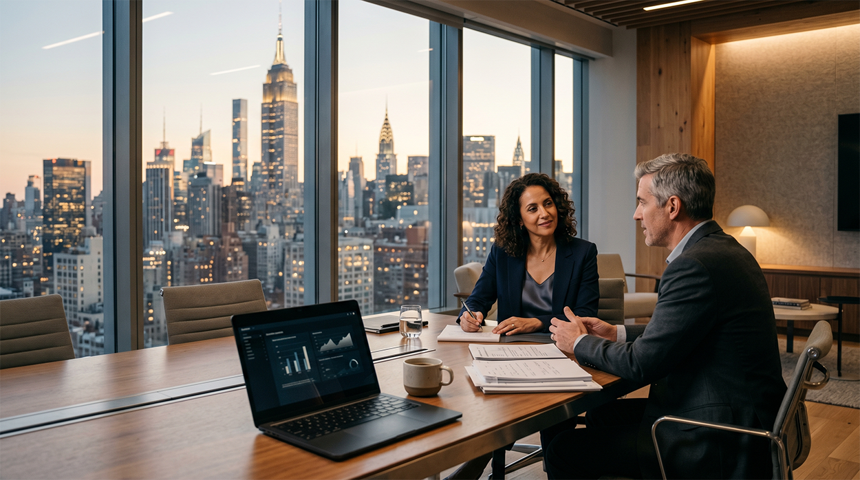 Advisors sitting at table in NYC office