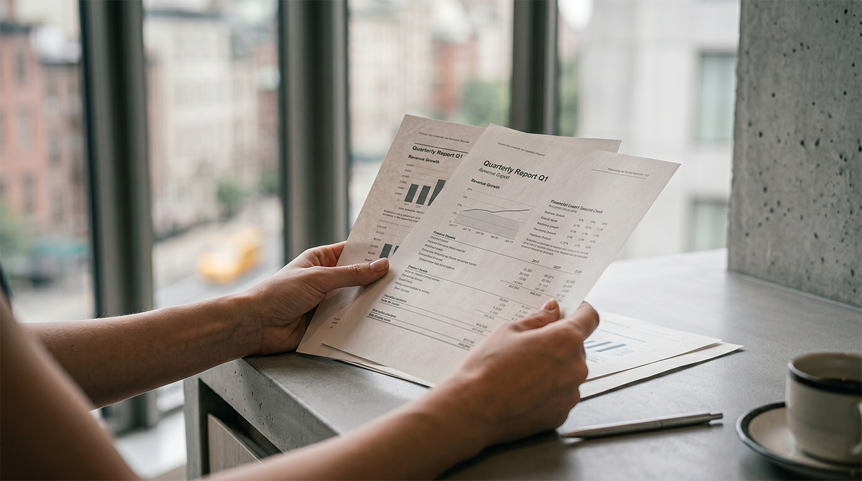 Home seller holding report documents in modern kitchen setting
