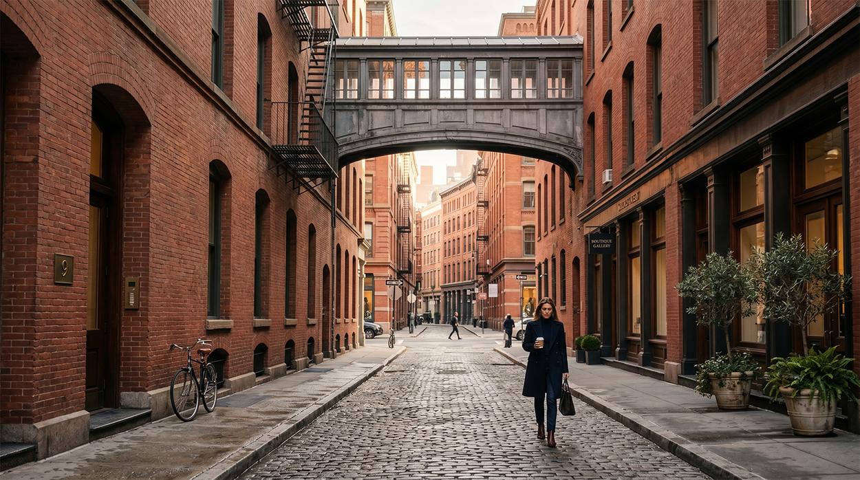 Tribeca Neighborhood arched walkway across cobblestone street