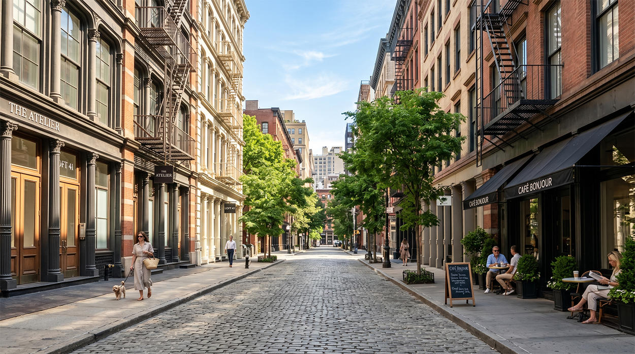 Tribeca neighborhood cobblestone street view with shops and dinin