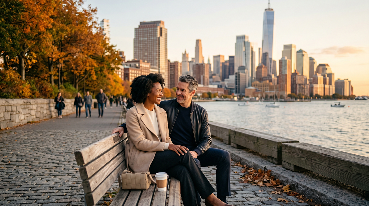 Tribeca Neighborhood couple sitting on bench in Autumn